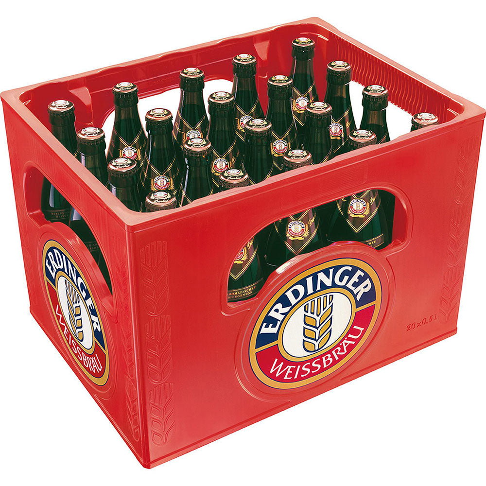 Eine rote Kiste Erdinger Weißbier mit 20 x 0,5 l Flaschen Erdinger Hefe Dunkel (Mehrweg), ein klassisches dunkles Weißbier.