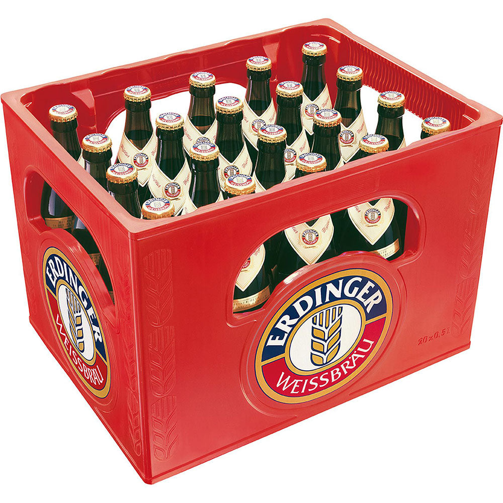 Eine rote Kunststoffkiste mit dem Erdinger-Logo, gefüllt mit 20 x 0,5 l Flaschen Erdinger Hefe Hell (Mehrweg) von Erdinger Weißbier, einem hellen Bier nach bayerischer Brautradition.
