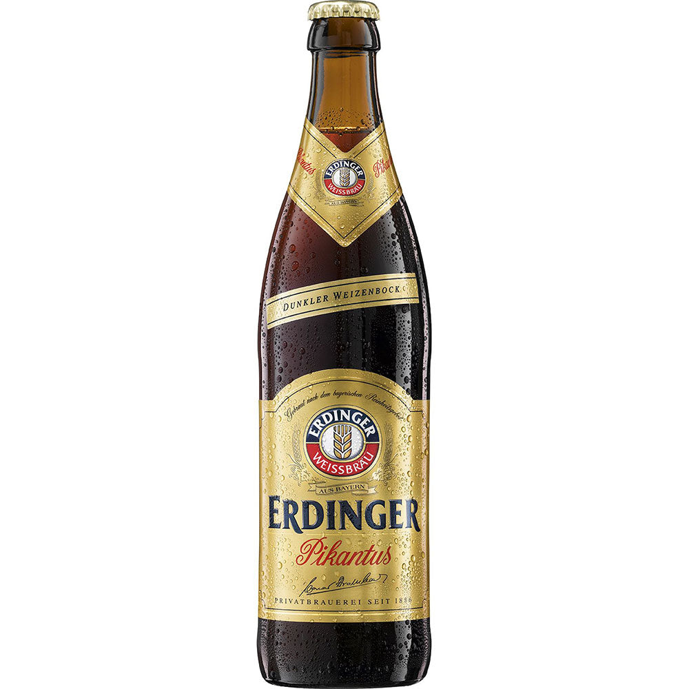 Ein 11x 0,5L Mehrweg-Pack des Pikantus Weizenbocks von Erdinger Weißbier. Die Flaschen sind mit goldenen und braunen Etiketten auf weißem Hintergrund versehen.