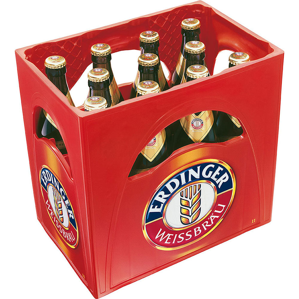Roter Kasten mit elf 0,5-Liter-Flaschen Erdinger Pikantus Weizenbock (MEHRWEG) von Erdinger Weißbier mit dem Markenlogo - ideal für Fans kräftiger Weizenbockbiere.