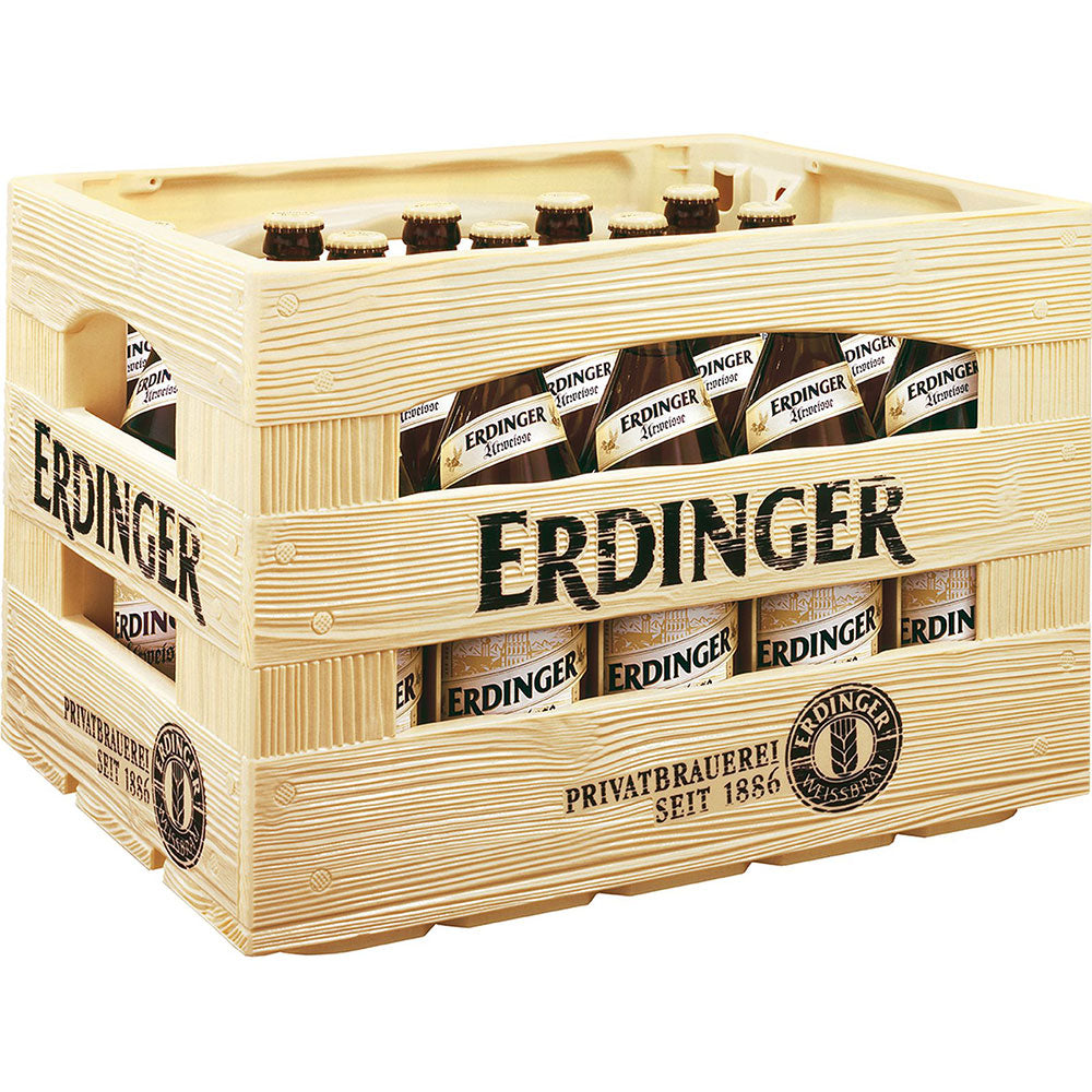 Eine beigefarbene Kiste Erdinger Weißbier Urweiße, 20x 0,5L Mehrwegflaschen, mit der Aufschrift "Erdinger" auf der Seite und echter bayerischer Brautradition.