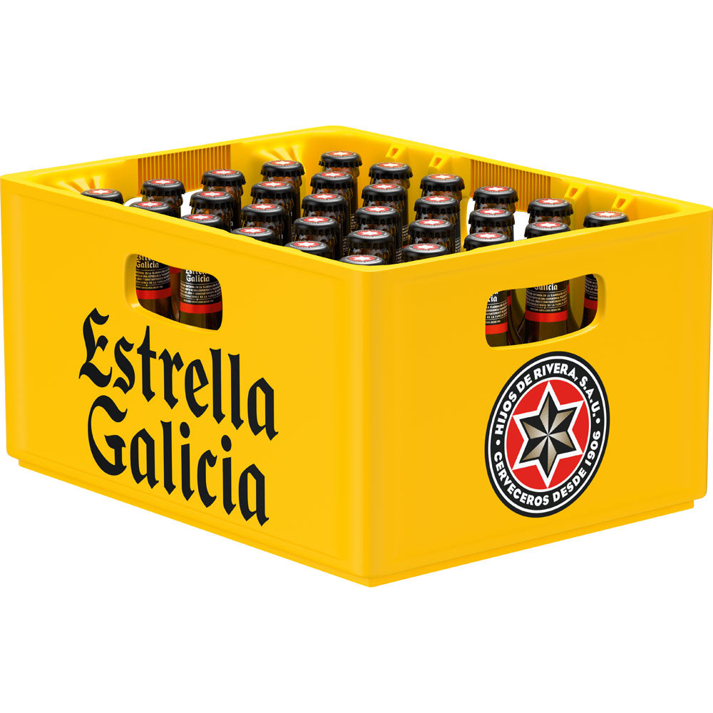 Gelbe Estrella-Galicia-Kiste mit 30 0,2-Liter-Flaschen Estrella Galicia Especial (MEHRWEG), von schräg oben gesehen.