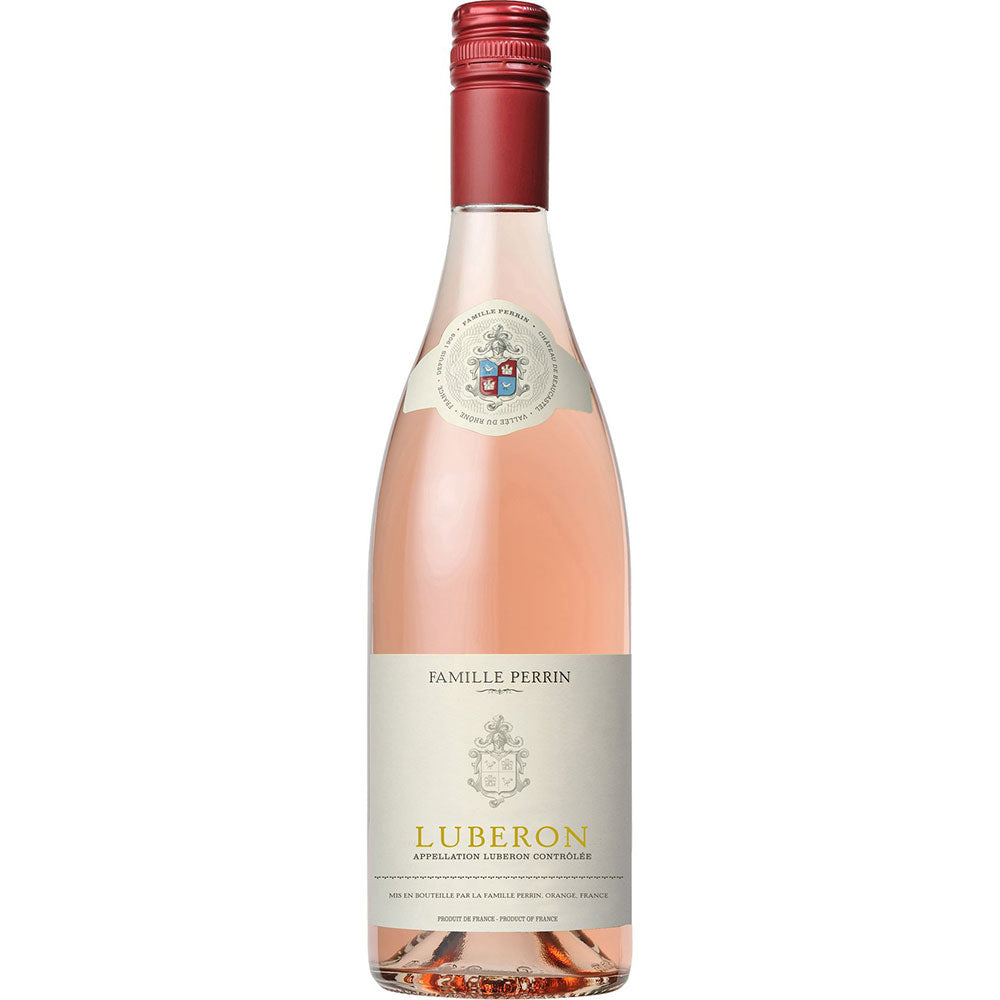 Genießen Sie eine Flasche Famille Perrin Luberon Rosé AOC 2024 - ein erfrischender Provence-Rosé von Famille Perrin mit rosafarbenem Verschluss und weiß-goldenem Etikett, der sich perfekt als Sommerwein eignet.