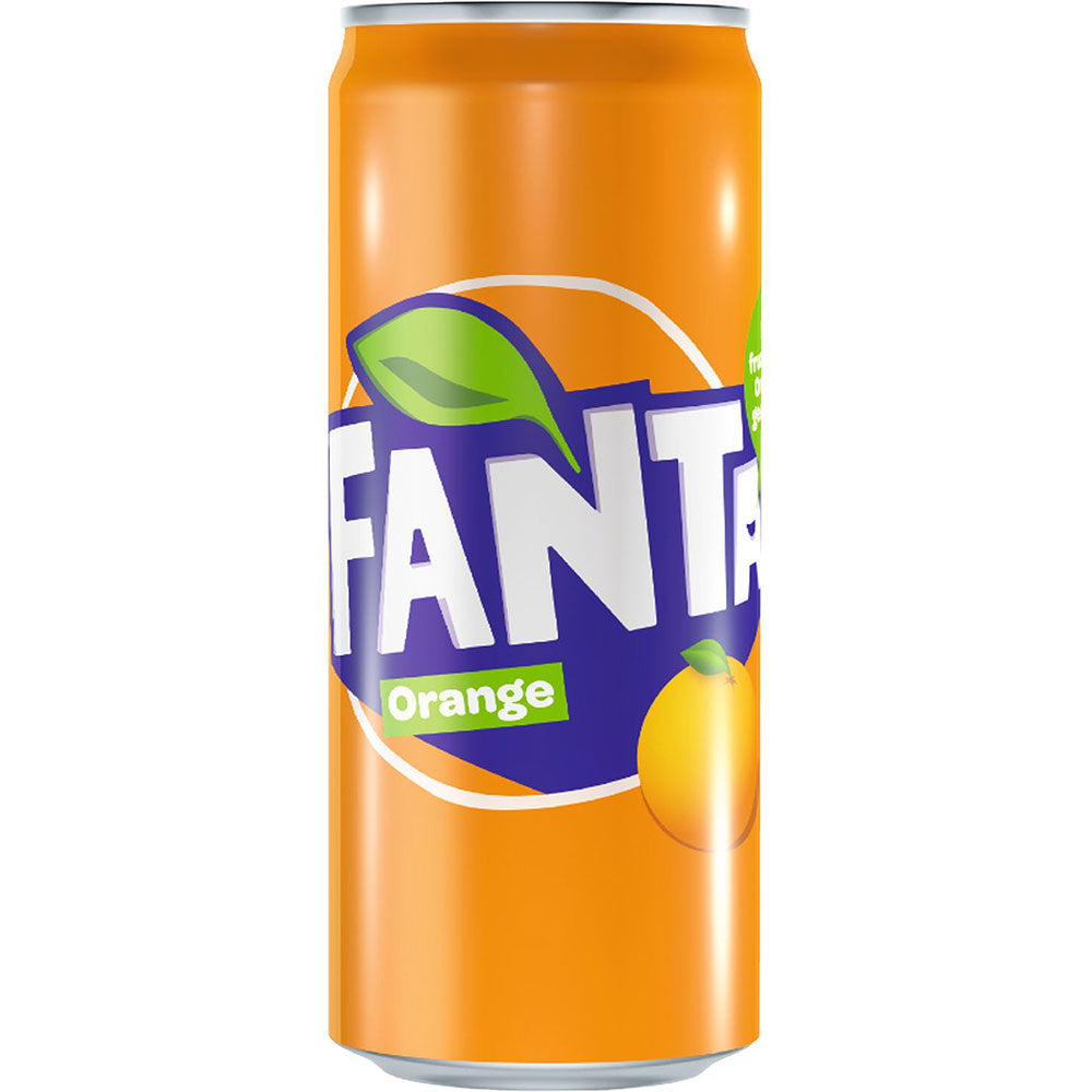 Große orangefarbene Dose Fanta Orange Dose (0,33 l, EINWEG) mit dem Fanta-Logo und einer orangefarbenen Fruchtdarstellung auf dem Etikett. Die Packung enthält 24 Dosen.