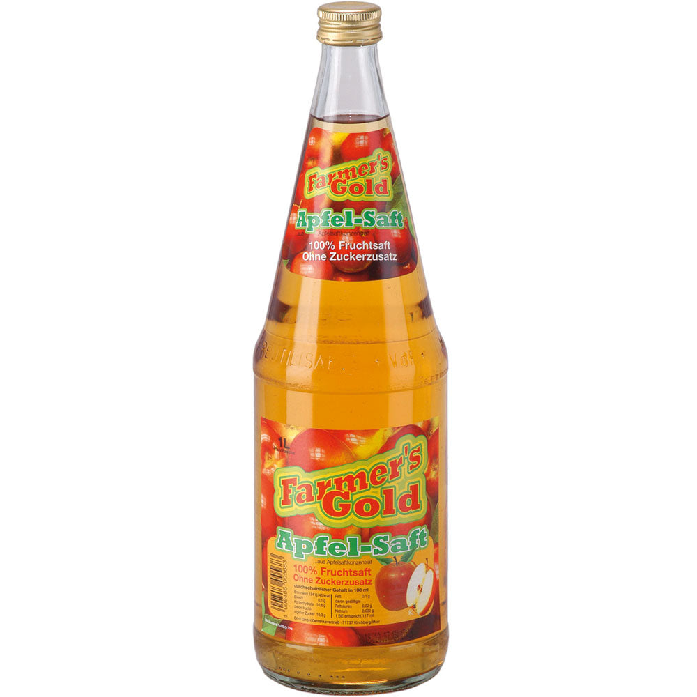 Eine Klarglasflasche Dietz Farmer's Gold Apfelsaft klar 6x1L (MEHRWEG) mit goldenem Verschluss und buntem Etikett.