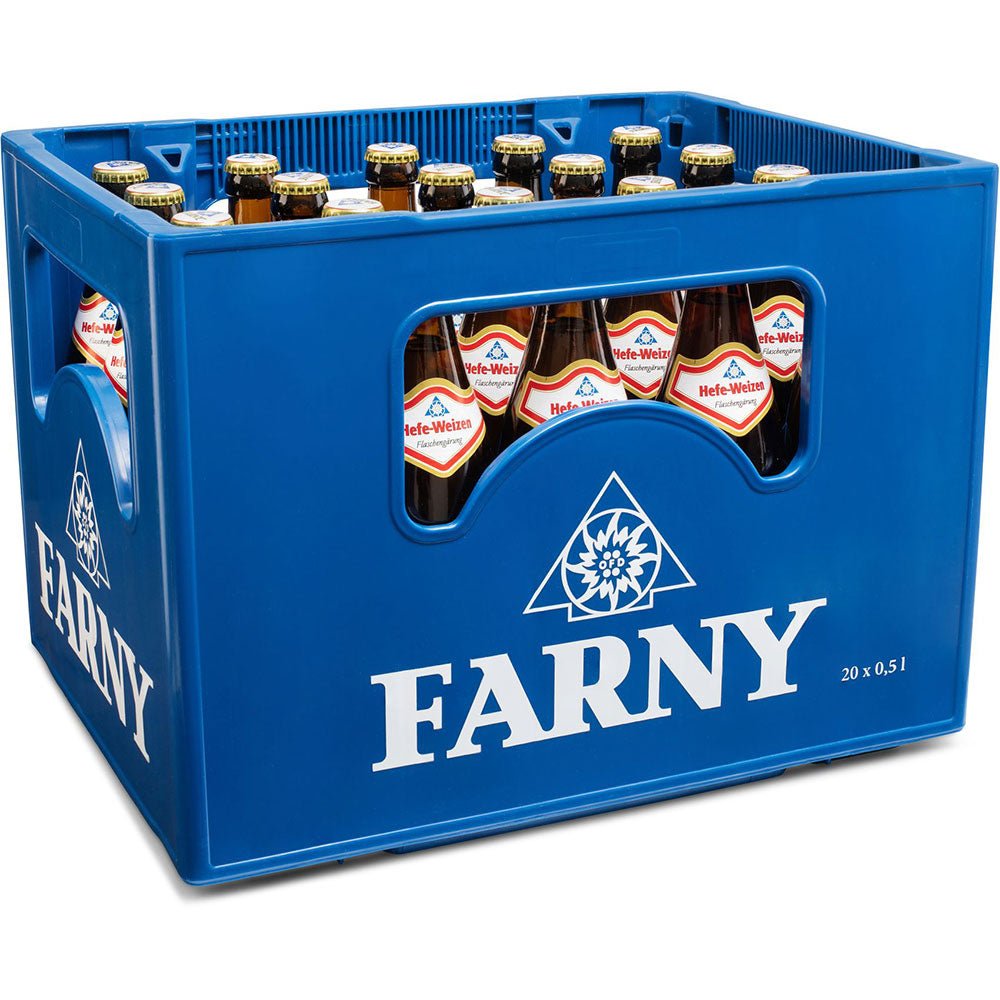 Blaue Kiste mit der Aufschrift Farny mit 20 x 0,5 l Flaschen Farny Hefe-Weizen Hell (Mehrweg) - ein klassisches bayerisches Weißbier mit authentischer Flaschengärung.