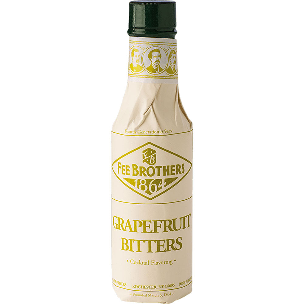 Fee Brothers Grapefruit Bitter 17% 0,15l, mit cremefarbenem und gelbem Etikett und grünem Verschluss, eignet sich perfekt zur Verfeinerung Ihrer Cocktails.