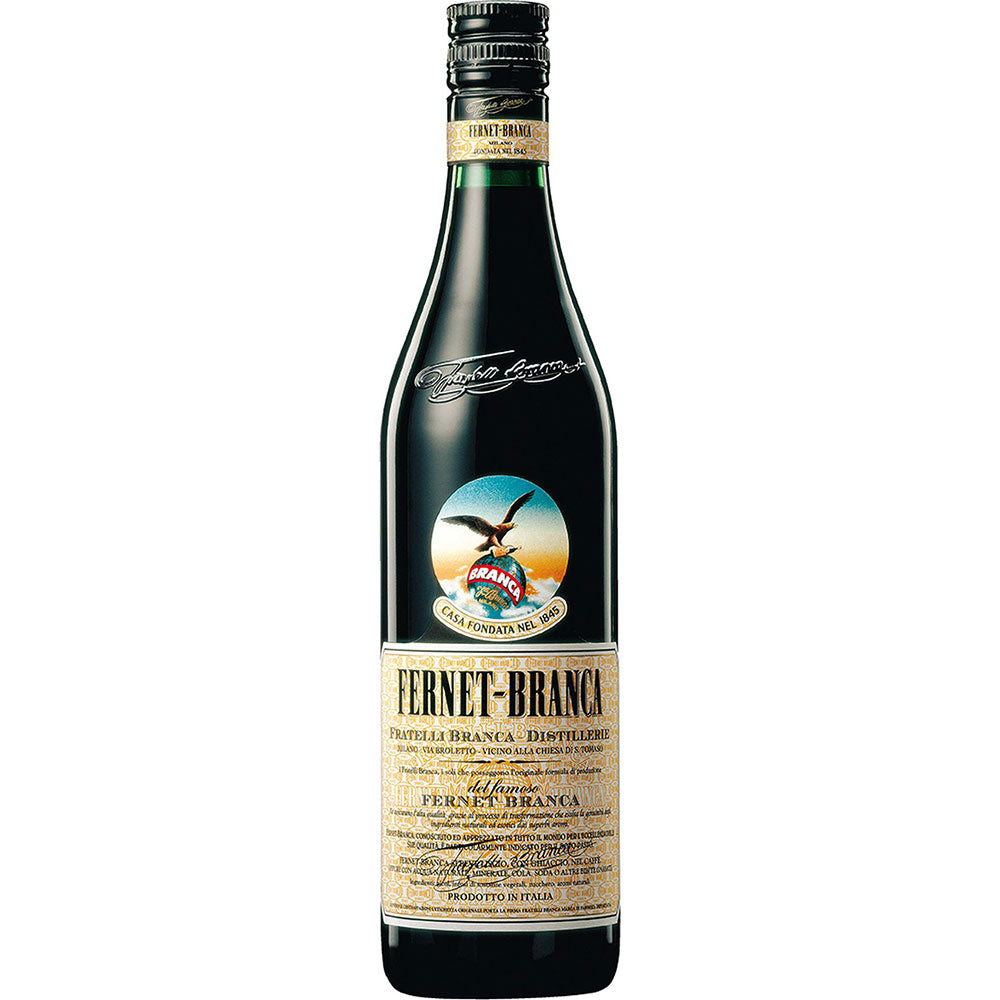 Fernet Branca 35% 0,7 Liter-ein berühmter italienischer Kräuterlikör mit einem beigen Etikett und Adler-Logo, ideal als Digestif nach dem Essen.