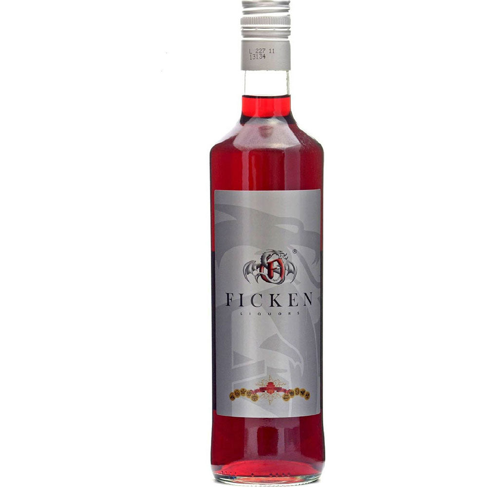 Eine 0,7 Liter Flasche Ficken Jostabeerenlikör (15%) mit silbernem Etikett und roter Flüssigkeit auf weißem Grund - der ideale Partyschnaps für Ihre nächste Feier.