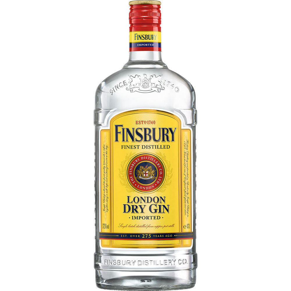 Eine 1-Liter-Flasche Finsbury Dry Gin (37,5%) von Finsbury Gin, bekannt für sein gelbes Etikett mit kräftigen roten, blauen und goldenen Akzenten.