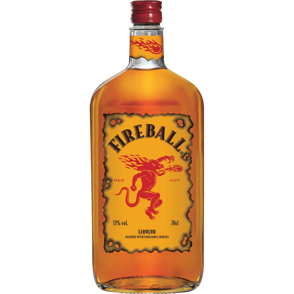 A 0,7 Liter Flasche Fireball Zimt-Whisky Likör 33% von Fireball mit rotem Verschluss und gelbem Etikett mit rotem Drachen.