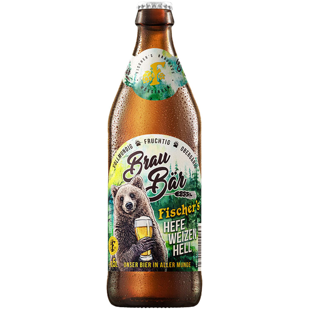 Eine 0,5-Liter-Flasche Fischer's Braubär Hefe Weizen Hell von Fischer's Brauhaus Mössingen mit einem Bären, der ein Glas hält, auf dem Etikett (20er-Pack MEHRWEG).