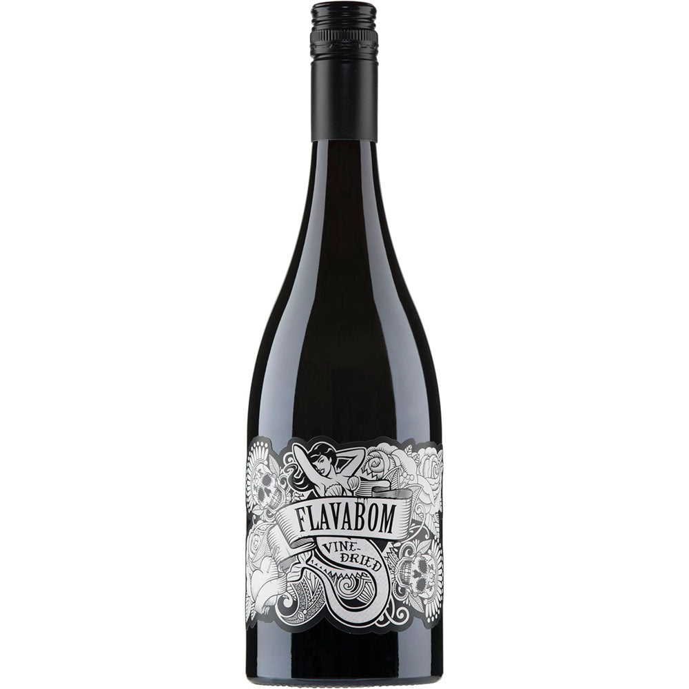 Eine Flasche Flavabom Vine Dried Shiraz 2021 von Byrne Vineyards mit einem schwarz-weiß verzierten Etikett. Dieser exquisite Rotwein stammt aus Südaustralien.