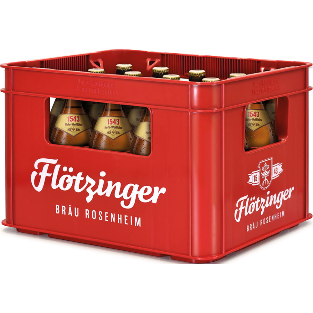 Eine rote Flötzinger-Kiste enthält 20 Flaschen (je 0,5 l, MEHRWEG) der Flötzinger 1543 Hefe-Weisse, die die bayerische Brautradition widerspiegelt.
