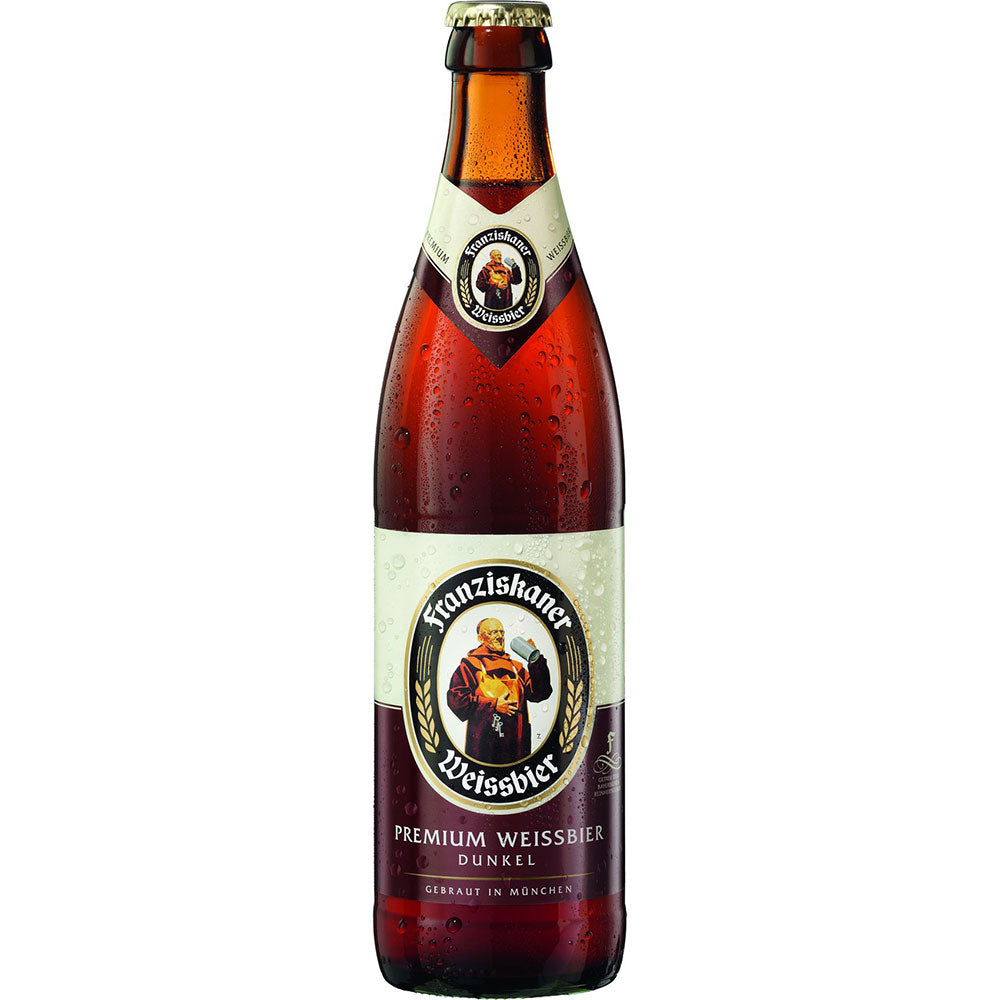 Eine 0,5-Liter-Flasche Franziskaner Weißbier Hefe Dunkel (20x Mehrweg) von Franziskaner Weißbier trägt das ikonische Mönchslogo auf ihrem Etikett.