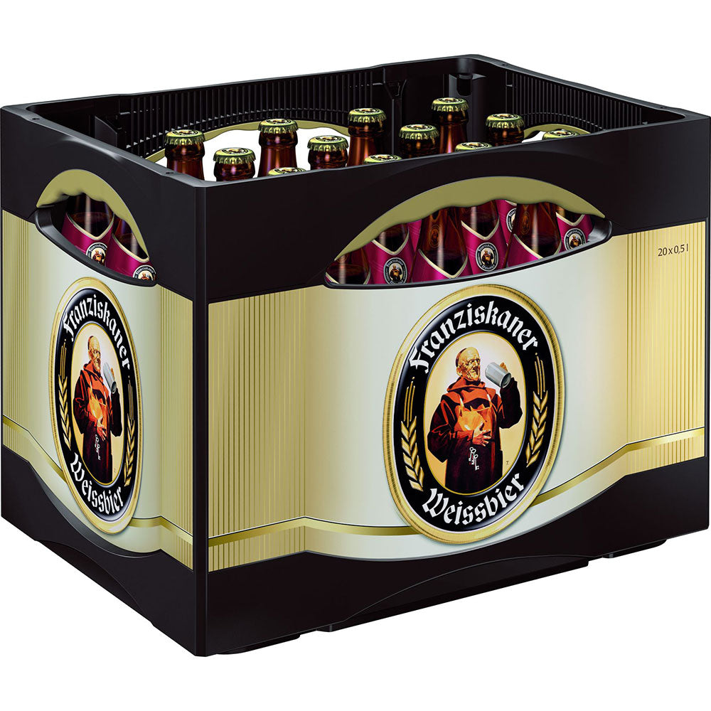 Eine Kiste Franziskaner Weißbier Hefe Dunkel 20x 0,5L (MEHRWEG) Flaschen, ein klassisches bayerisches Weißbier von Franziskaner Weißbier. Auf den Etiketten ist ein Mönch mit einem Glas Bier abgebildet.
