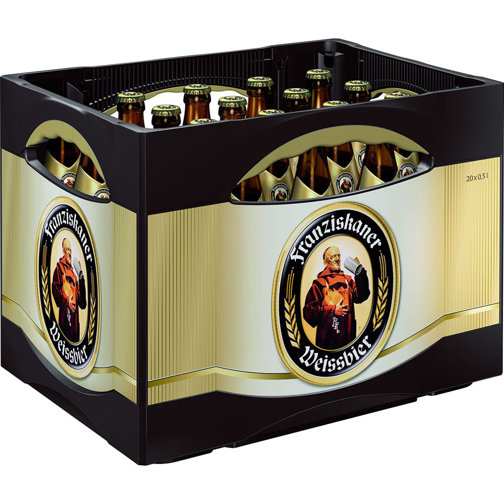Eine Kiste Franziskaner Weißbier Hefe Hell 20x 0,5L (MEHRWEG) Flaschen mit gebrandeter Verpackung, die authentisches bayerisches Bier und klassischen Hefeweizen-Stil hervorhebt.