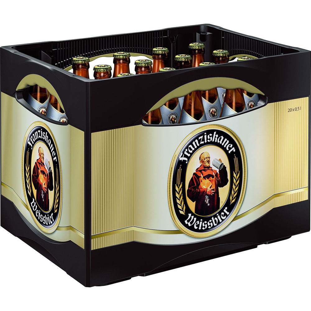 Eine schwarze Kiste enthält 20 Flaschen (je 0,5 l) Franziskaner Weißbier Kristall (Mehrweg) mit dem klassischen Mönchsetikett und bietet kristallklaren Weizenbiergenuss.