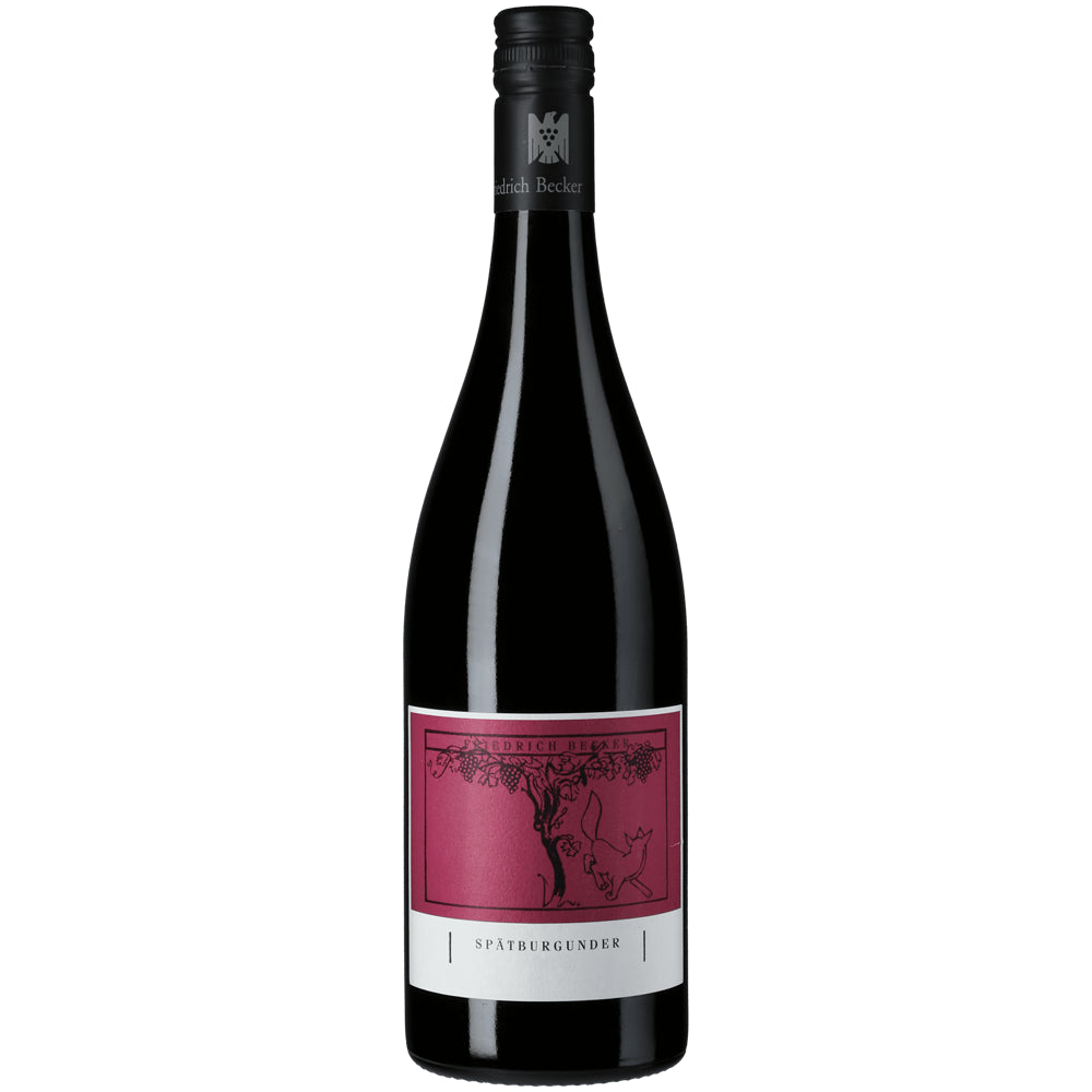 Eine dunkle Weinflasche mit einem kastanienbraunen Etikett mit der Aufschrift „Weingut Friedrich Becker Spätburgunder trocken 2019“ und einem schwarzen Verschluss.