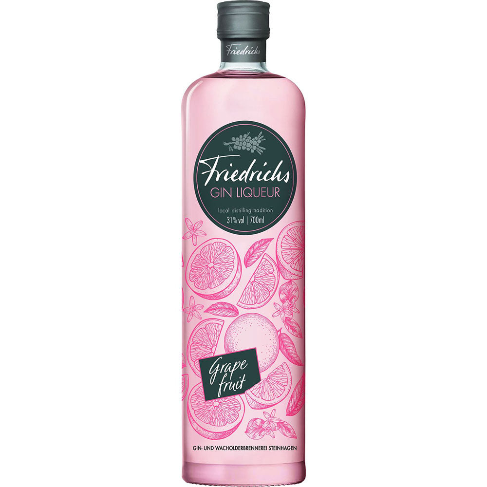 Friedrichs Gin Liqueur Grapefruit 31% (0,7 l) ist eine Mischung aus Premium Dry Gin und Wacholdertradition mit einem Hauch von Zitrusfrüchten in einer hohen rosafarbenen Flasche, die mit Fruchtabbildungen verziert ist.