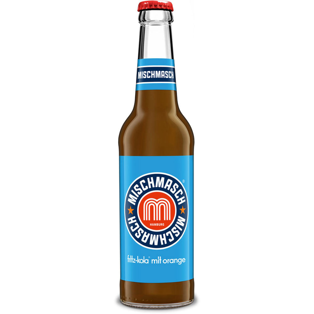 Eine 0,33L Glasflasche der veganen, glutenfreien Mischmasch Koffein Limonade von fritz-kola, blaues Etikett und Verschluss, aus der Fritz Mischmasch 24x 0,33 Liter (MEHRWEG) Packung.