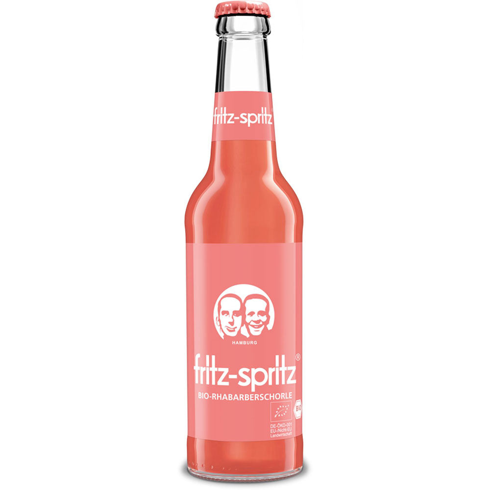 Eine 0,33-L-Glasflasche von fritz-kola Fritz Spritz Rhabarbersaftschorle, die in einem 24er-Pack (MEHRWEG) verkauft wird, ist mit einem rosa Etikett und einem weißen Logo auf weißem Hintergrund versehen.