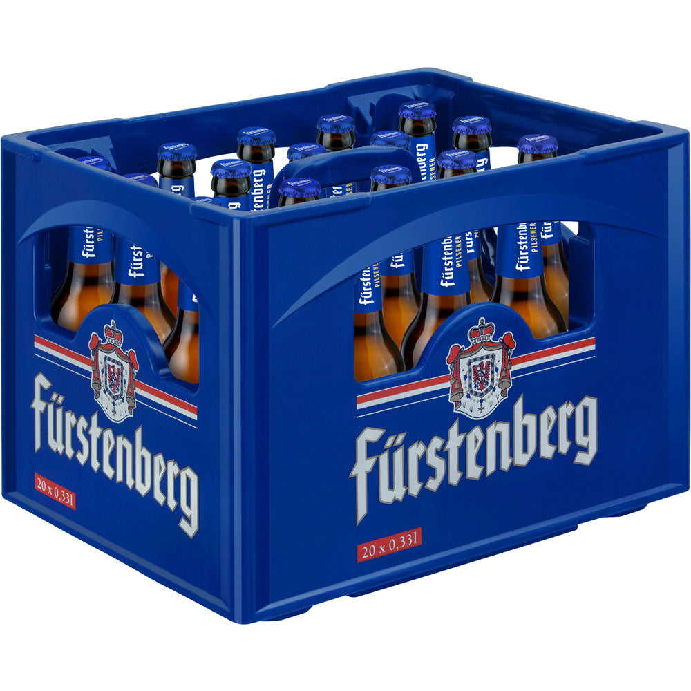 Blauer Kasten mit 20x 0,33L Fürstenberg Pilsener (MEHRWEG) Flaschen mit dem Fürstenberg Logo und Branding - ein wahres Spiegelbild der Brautradition und der klassischen Pilsener Exzellenz.
