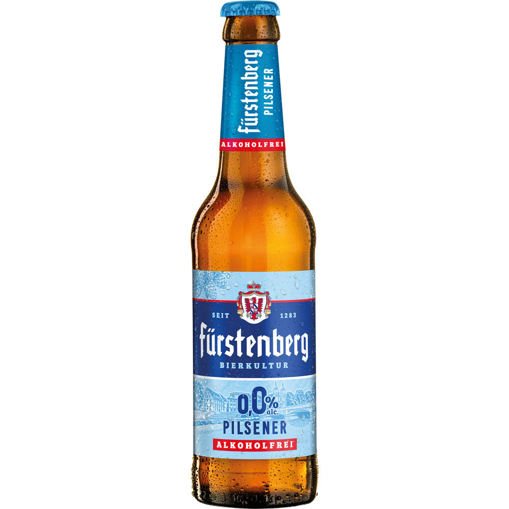 Fürstenberg Pilsener Alkoholfrei 20x0,33L (MEHRWEG): Braunglasflaschen mit blauem und rotem Etikett, die den klassischen Pilsener Geschmack in einem erfrischenden alkoholfreien Bier von Fürstenberg liefern.