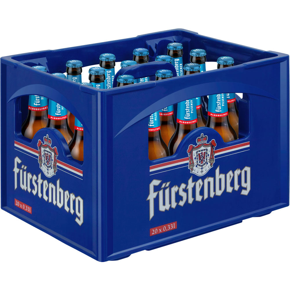 Blaue Kiste mit 20 Flaschen Fürstenberg Pilsener Alkoholfrei 0,33L (Mehrweg), jeweils mit blauem Verschluss und Etikett - erleben Sie den vollen Pilsener Geschmack in diesem alkoholfreien Bier.