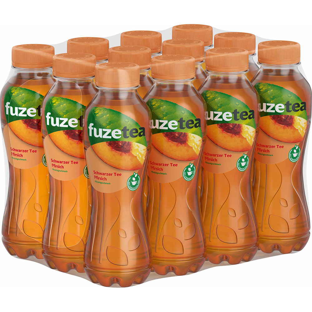 Fuze Tea Schwarzer Tee Pfirsich Eistee PET (12 x 0,4L EINWEG): Zwölf Flaschen erfrischender Pfirsich-Eistee von Fuze Tea, praktisch im Kunststoffpack zusammengestellt.