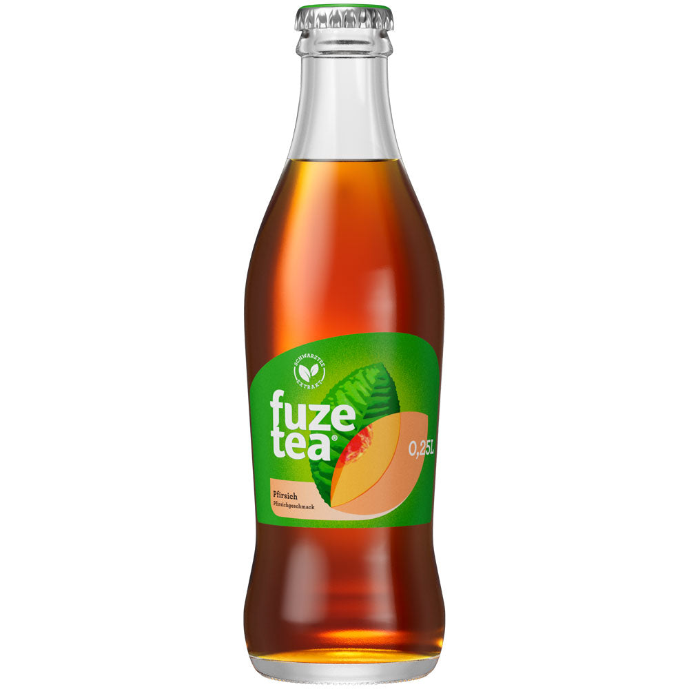 Fuze Tea Schwarzer Tee Pfirsich Eistee 24x 0,25L (MEHRWEG) von Fuze Tea liefert den erfrischenden Geschmack von Pfirsich Schwarztee in praktischen, wiederverwendbaren Flaschen.