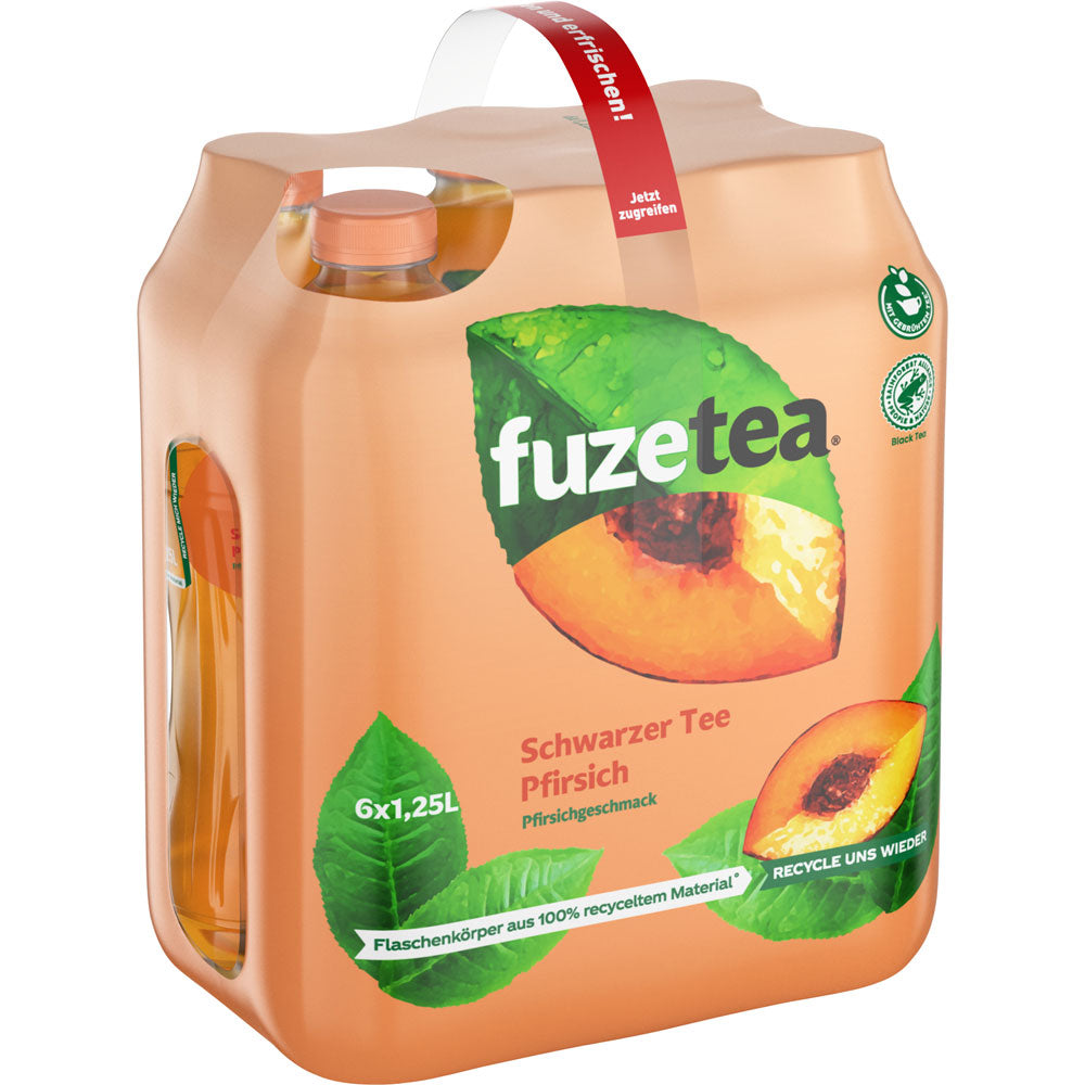 Sechserpack Fuze Tea Schwarzer Tee Pfirsich PET 6x 1,25 Liter (EINWEG) von Fuze Tea. Erfrischender Schwarztee mit saftigem Pfirsichgeschmack in jedem Schluck - perfekt, um ihn gekühlt zu genießen.
