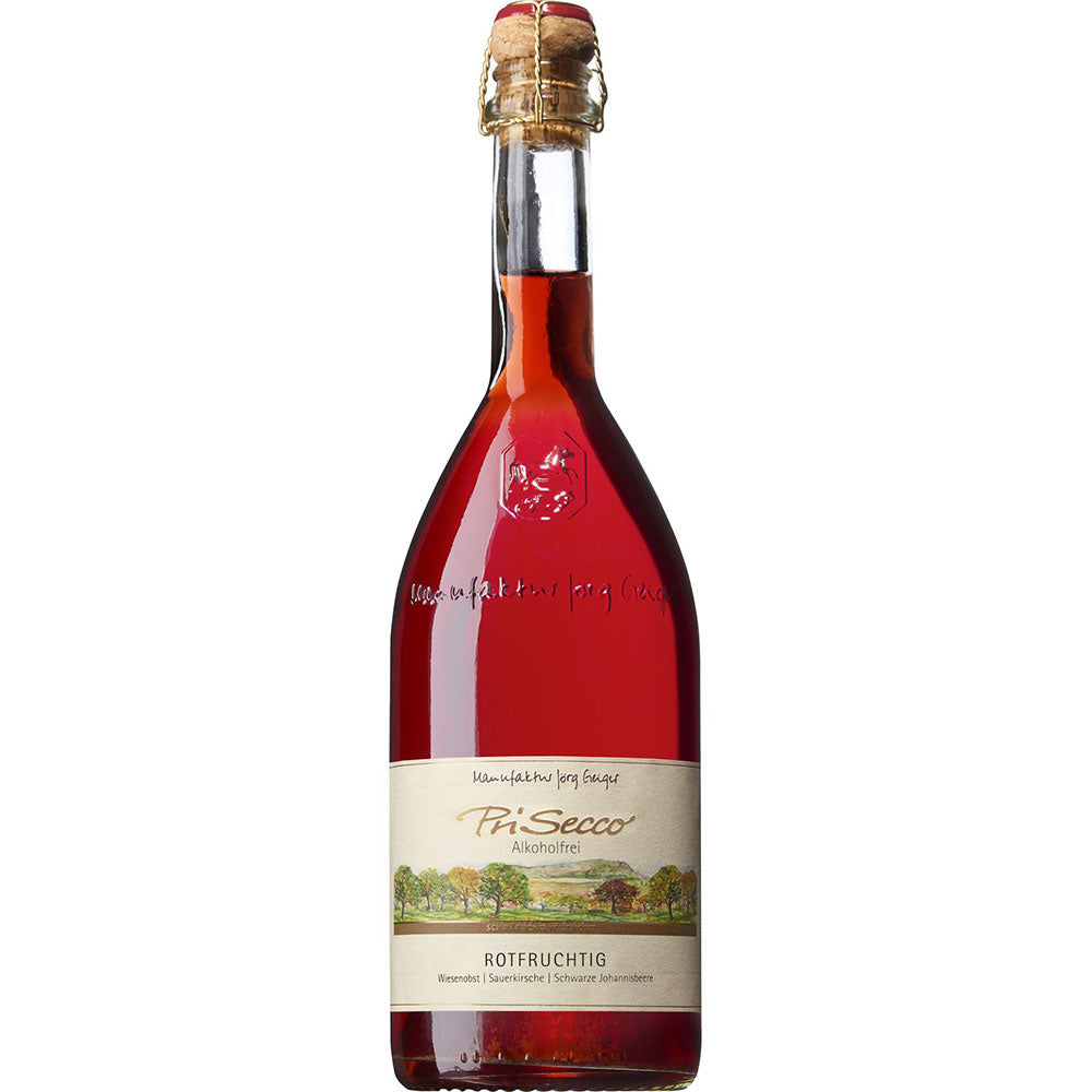 Eine 0,75L Flasche Jörg Geiger Prisecco Rotfruchtig alkoholfrei, mit roter Flüssigkeit und Goldfolienverschluss, hergestellt aus Streuobst Schwäbische Alb.