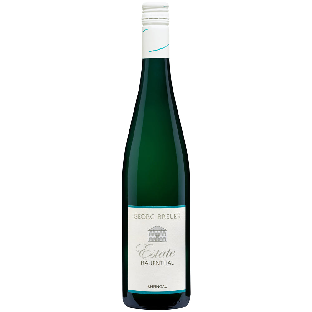 Eine grüne Flasche „Weingut Georg Breuer Estate Rauenthal Riesling trocken 2023“ mit weißem Etikett und Schraubverschluss, die den klassischen Charakter des Rheingauer Rieslings verkörpert.