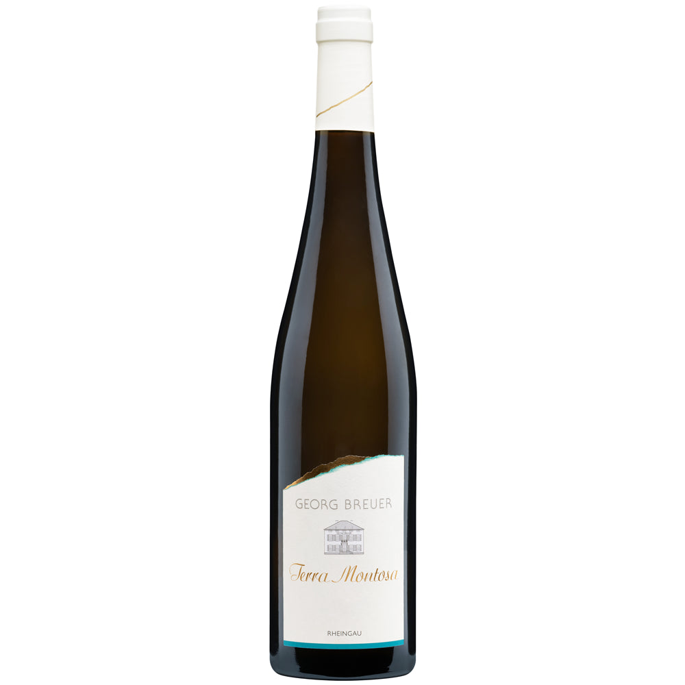 Eine schlanke, dunkle Weinflasche mit weißem Verschluss und einem Etikett mit der Aufschrift „Georg Breuer Terra Montosa Riesling trocken 2018“ vom Weingut Georg Breuer verkörpert die raffinierte Eleganz des Rheingauer Rieslings.