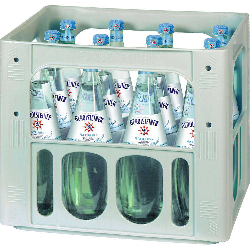 Eine Kiste mit 12 wiederverwendbaren 0,75 l Glasflaschen Gerolsteiner Gourmet Naturell, stilles Mineralwasser von Gerolsteiner.
