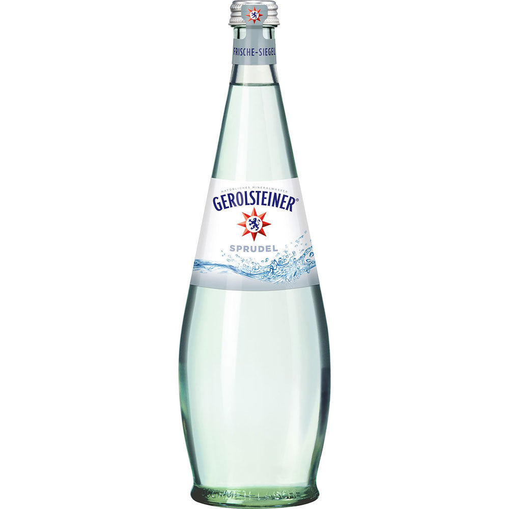 Gerolsteiner Gourmet Sprudel 0,75L Glasflasche (MEHRWEG) mit blau-weißem Etikett, reich an Mineralien für einen erfrischenden Geschmack. Packung mit 12 Stück.
