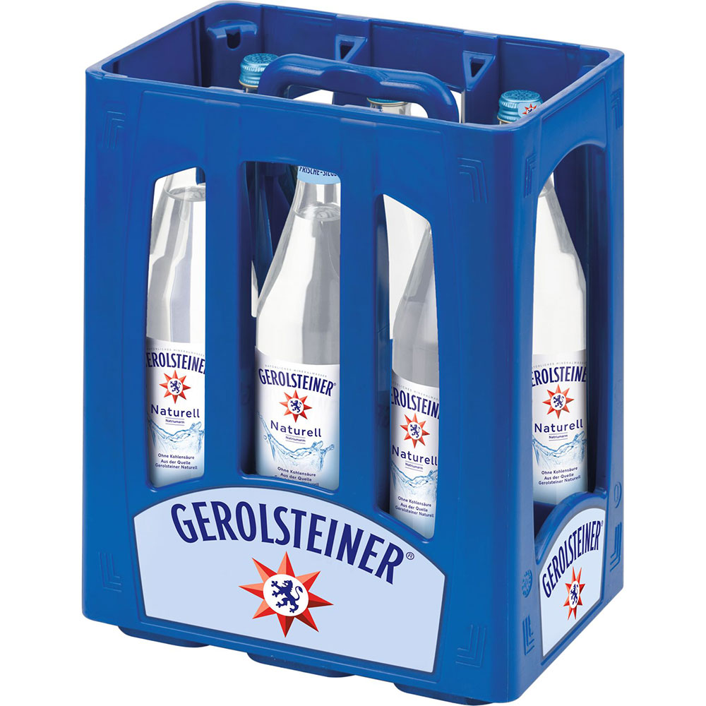 Blauer Kasten mit Gerolsteiner Naturell 6x 1 Liter (MEHRWEG) stilles Mineralwasser in Glasflaschen, mit sichtbarem Gerolsteiner Branding auf Kasten und Flaschen.