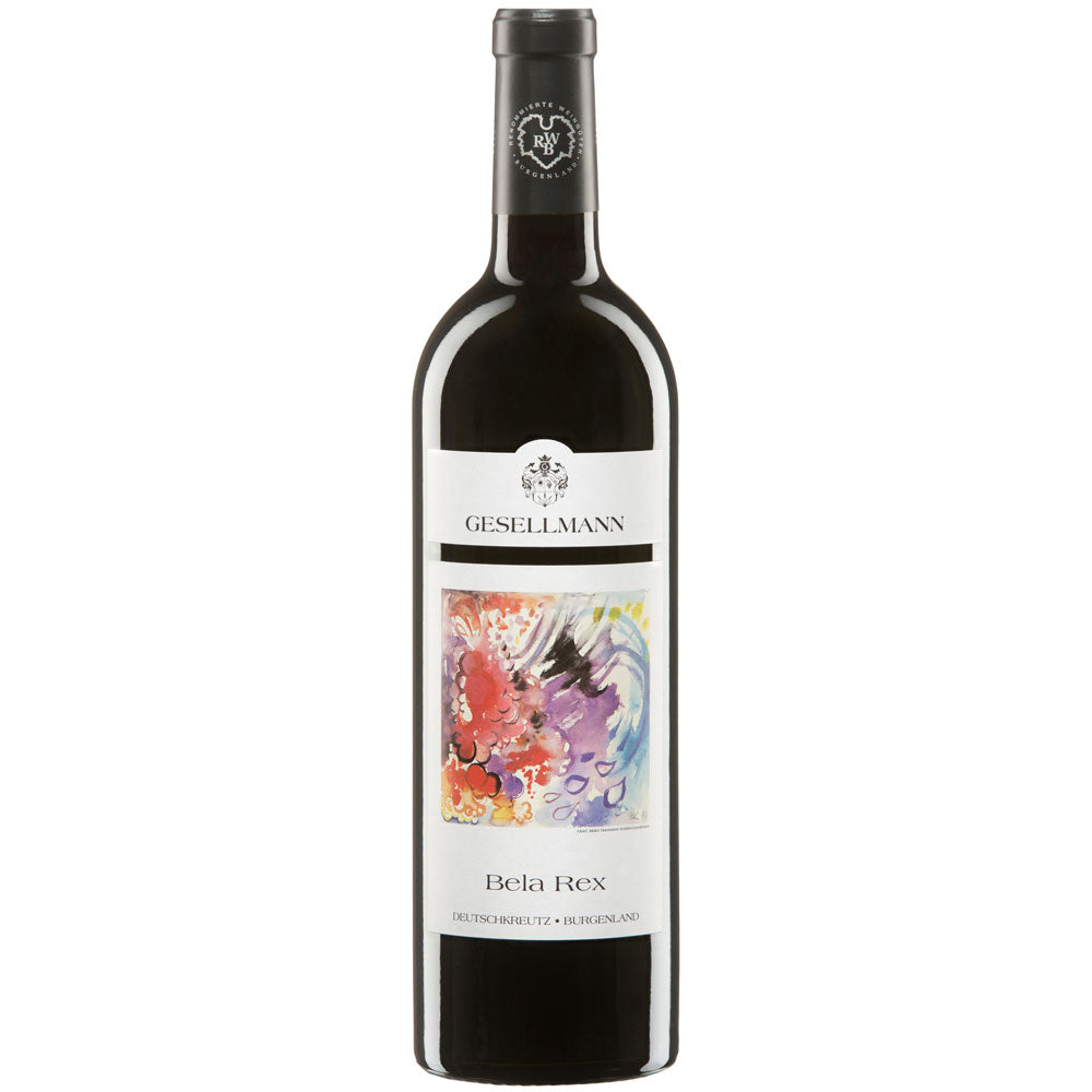 Eine Flasche Gesellmann Bela Rex BIO 2018, ein renommierter österreichischer roter Bordeaux-Cuvée von Gesellmann, mit einem bunten abstrakten Frontetikett.