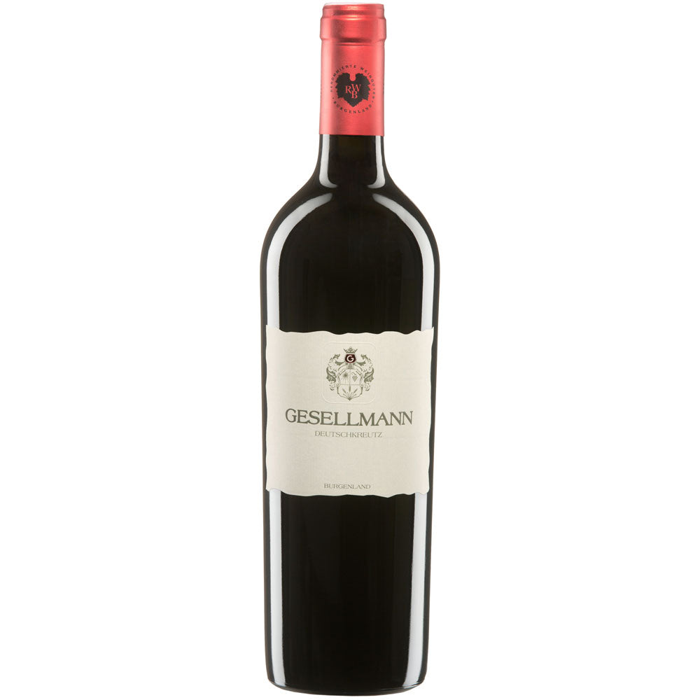 Eine Flasche Gesellmann Cuvée G BIO 2021 Rotwein von Gesellmann mit cremefarbenem Etikett und rotem Folienaufsatz - eine Mischung mit Blaufränkisch-Charakter.