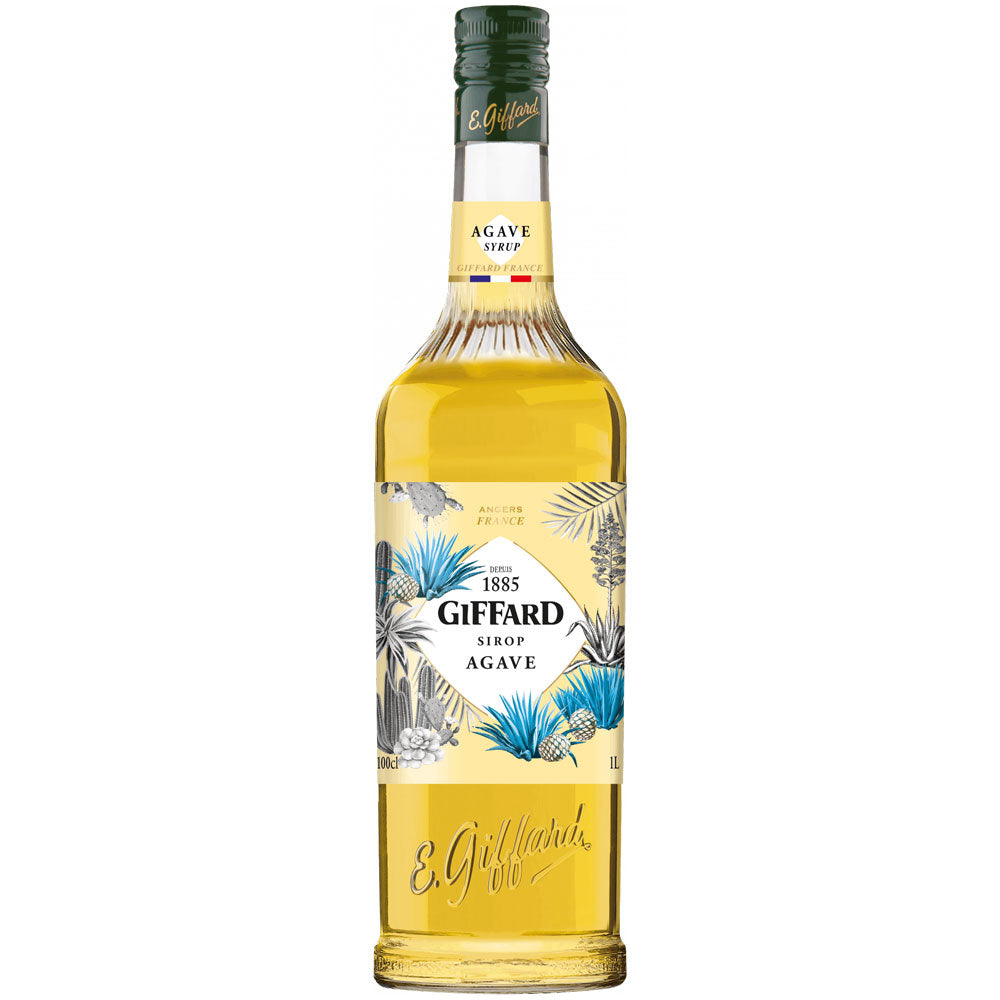 Giffard Agaven Sirup 1 Liter von Giffard kommt in einer Flasche mit gelbem Etikett, Agavenpflanzen und blauen Akzenten, ideal, um Ihre Lieblingsgetränke und Rezepte mit natürlicher Süße zu verfeinern.