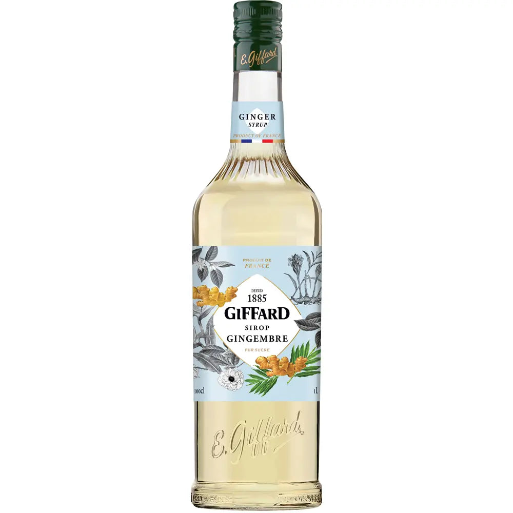 Eine 1-Liter-Flasche Giffard Ingwer Sirup Gingembre von Giffard mit botanischem Etikett - ideal für die Herstellung von selbstgemachtem Ingwerbier.
