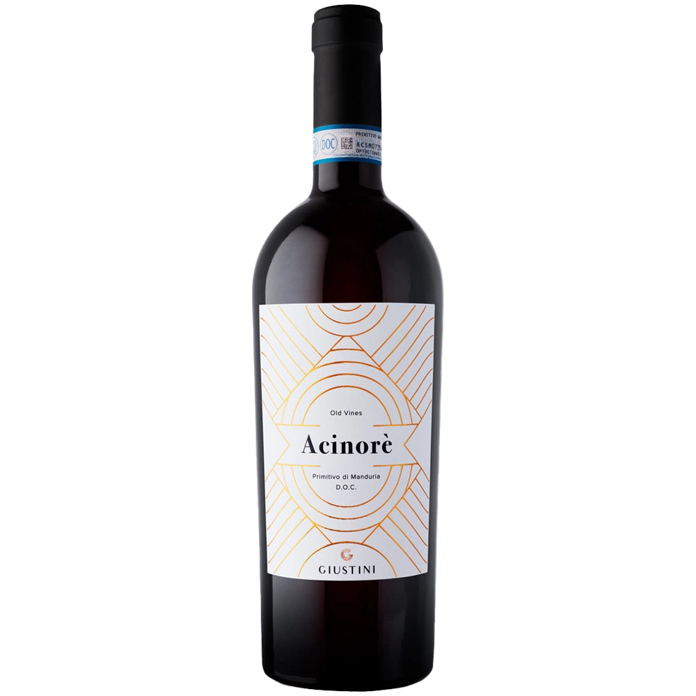 Eine Flasche Giustini Acinorè Primitivo di Manduria DOC Old Vines 2023 mit ihrem weiß-goldenen Etikett verkörpert die Eleganz italienischer Rotweine aus alten Rebstöcken.