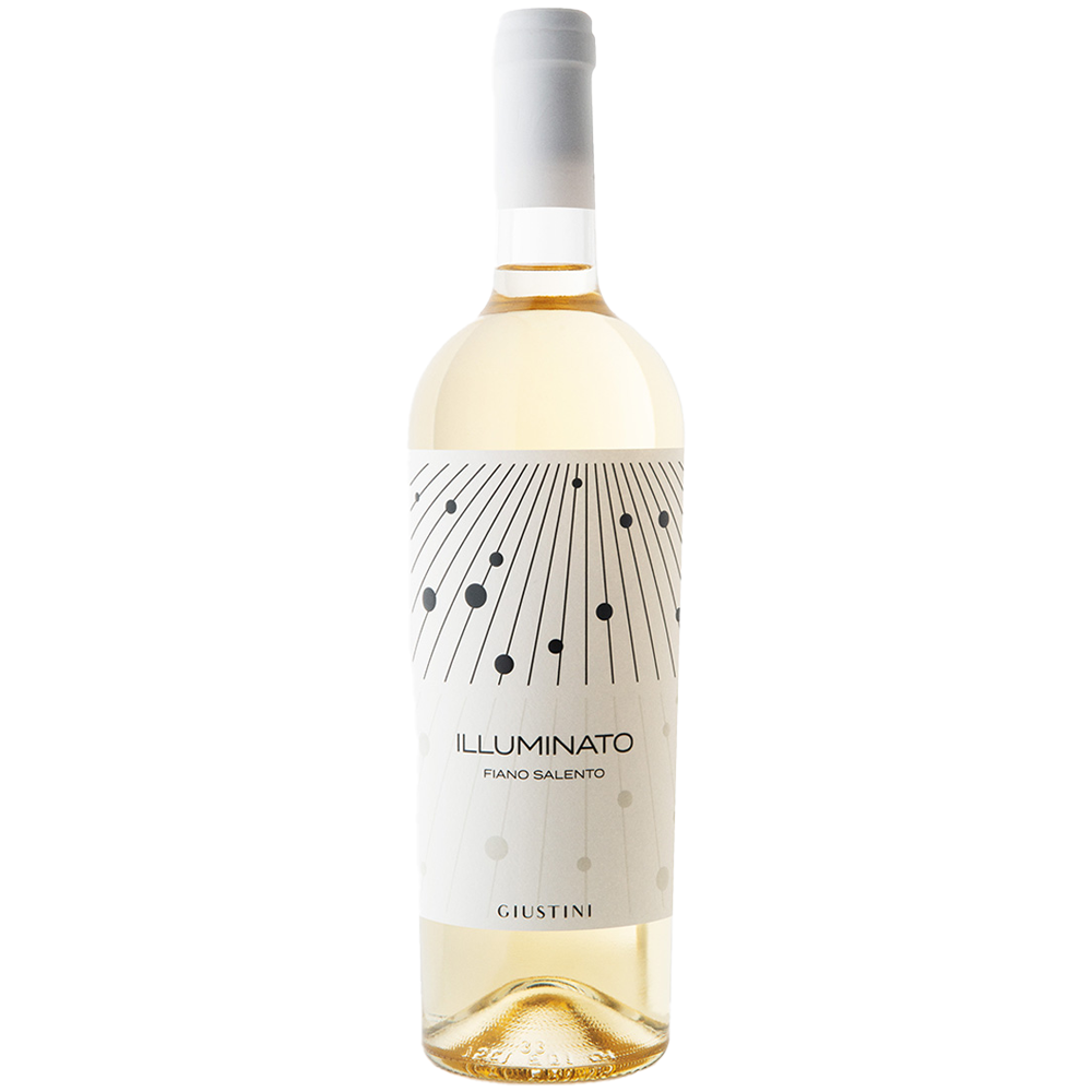 Eine Flasche Giustini Illuminato Fiano Salento IGP 2025, ein italienischer Weißwein von Giustini mit einem modernen Etikettendesign in Weiß und Schwarz.