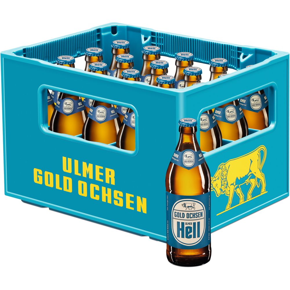 Eine blaue Kiste mit der Aufschrift Gold Ochsen, gefüllt mit 20x 0,5L braunen Flaschen Ulmer Hell (Mehrweg): das klassische süddeutsche Helles von Gold Ochsen.