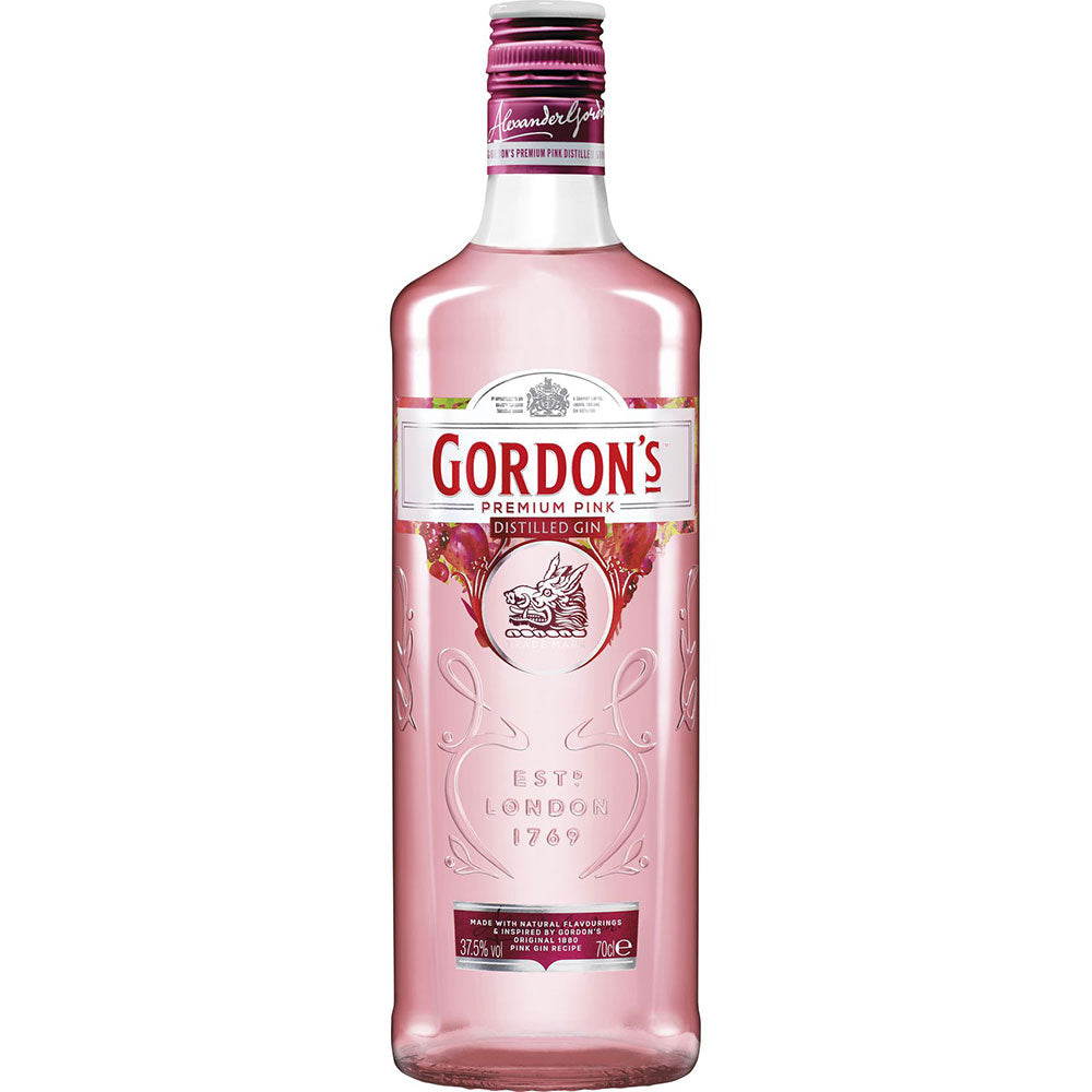 Gordon's Premium Pink Gin 37,5% (0,7L) von Gordon's Gin hat ein rosa Etikett und eine durchsichtige Flasche, die ein herrliches Rosé-Gin-Erlebnis mit subtilem Beerengeschmack bietet.