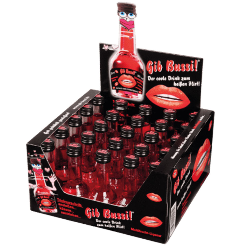 Ein Displaykarton mit 25 kleinen Flaschen Gräf's Gib Bussi 20% (je 0,02 l) von Rauch Spirituosen in verspielter Verpackung bietet einen fruchtigen Party-Likör, der sich ideal zum Teilen auf jeder Veranstaltung eignet.