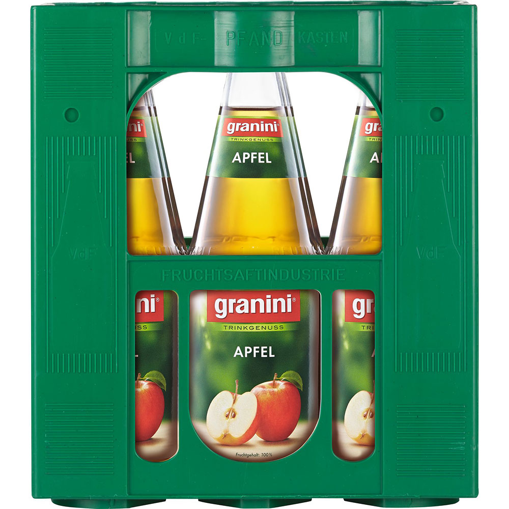 Sechs 1-Liter-Flaschen Granini Apfelsaft (MEHRWEG), verpackt in einer grünen Kiste, mit der Marke Granini und einem Etikett mit 100% Fruchtanteil und frischem Apfelmotiv.