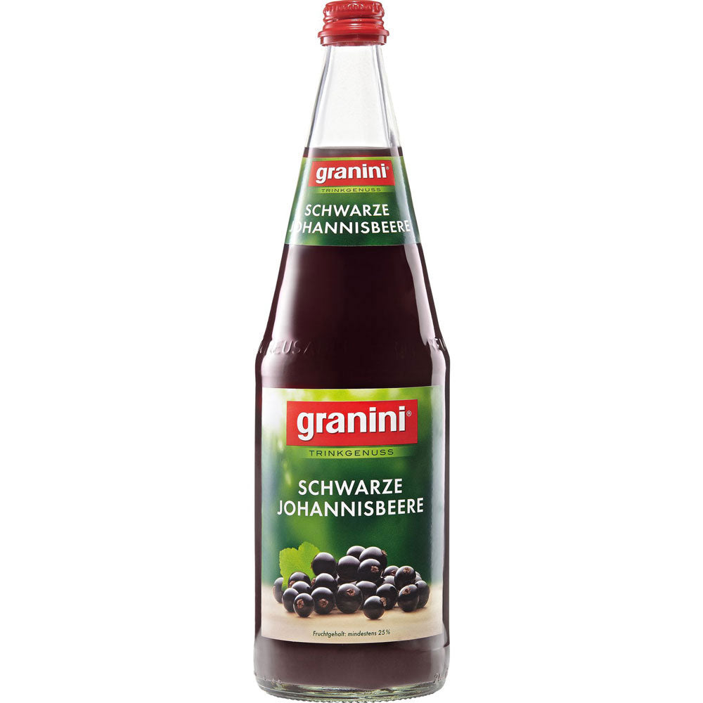 Eine 1L Flasche Granini Johannisbeer Nektar (6er-Pack, MEHRWEG) Saft mit rotem Verschluss und grünem Etikett der Marke Granini.