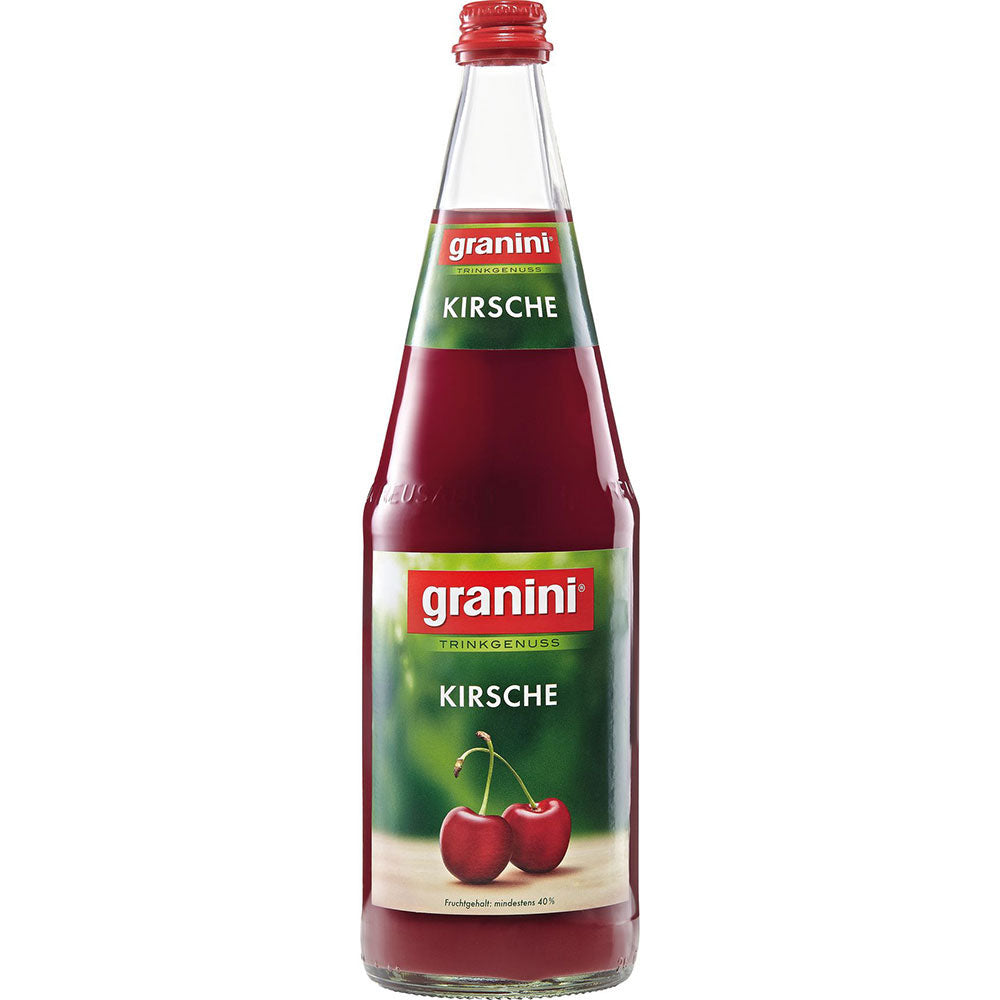 Eine wiederverwendbare 1-Liter-Glasflasche Granini Kirsch Nektar mit grünem Etikett und Kirschenmotiven (6er-Pack).